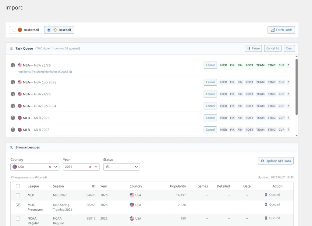 Task queue showing multiple seasons with task badges (HIER, FIX, FIN, ROST, TEAM, STND, CUP) and progress status