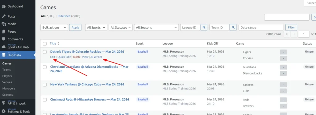 Games admin list showing import status badges and status dropdown filter