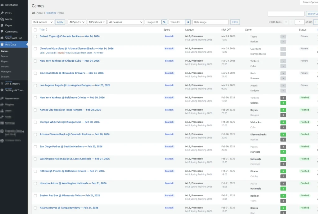 Games admin list with filters and status badges