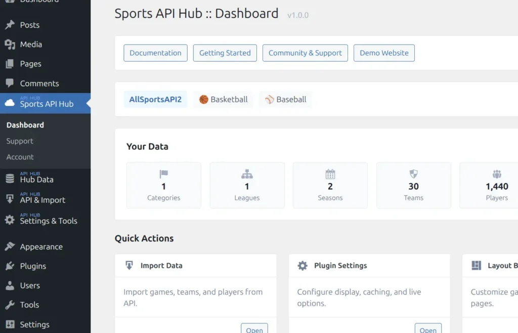 Sports API Hub dashboard with four admin menus
