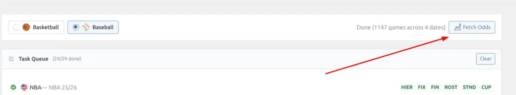 Import page showing the Fetch Odds button with sport tabs for basketball and baseball