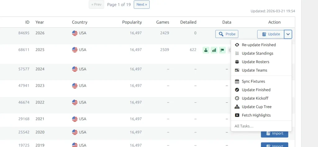 Quick action dropdown on a season row showing Re-update, Standings, Rosters, Teams, Sync Fixtures, Update Finished, Kickoff, Cup Tree, and Highlights options