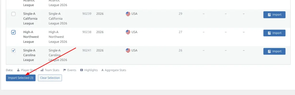 Batch import with multiple seasons queued showing league names and task counts