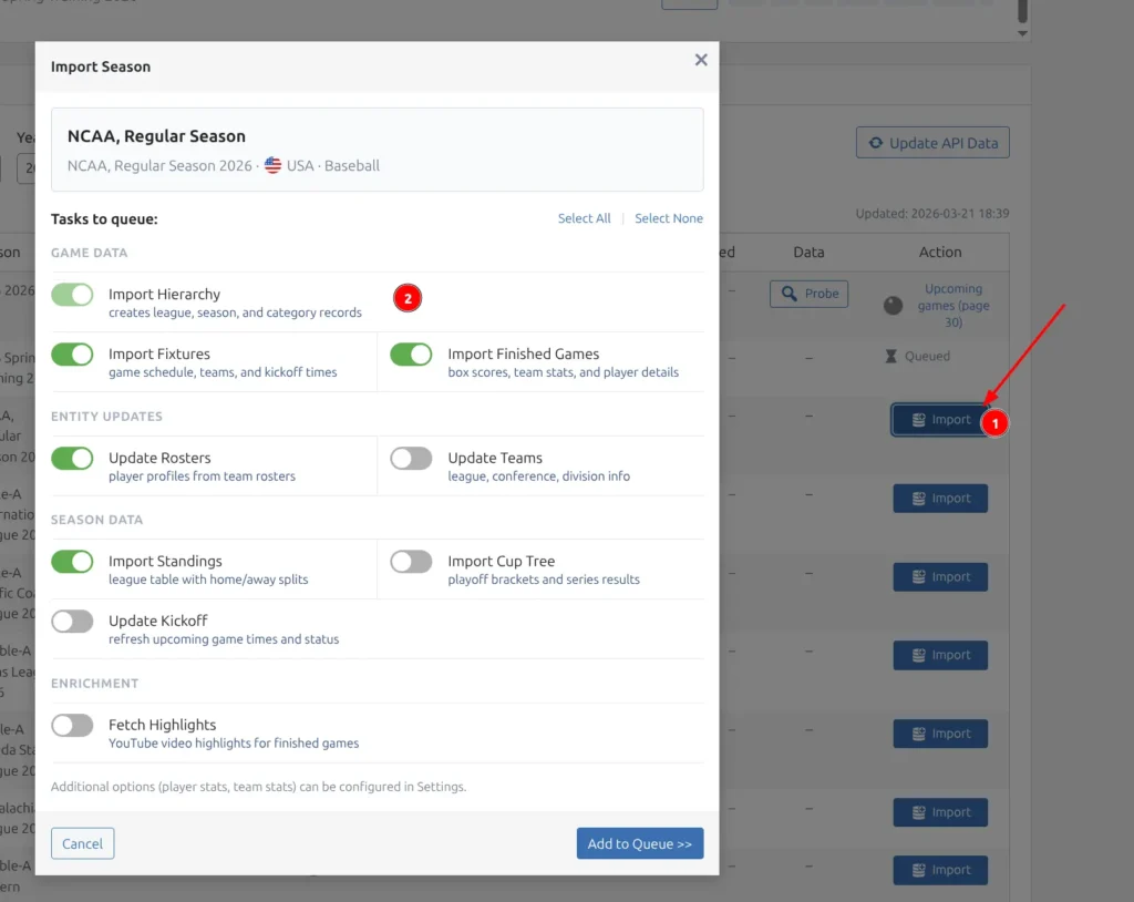 Import modal showing task checkboxes with descriptions including Hierarchy, Fixtures, Finished Details, Rosters, Standings, Cup Trees, and Kickoff