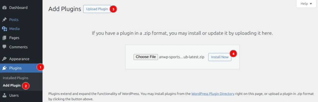 WordPress Add Plugins page with Upload Plugin button, Choose File, and Install Now
