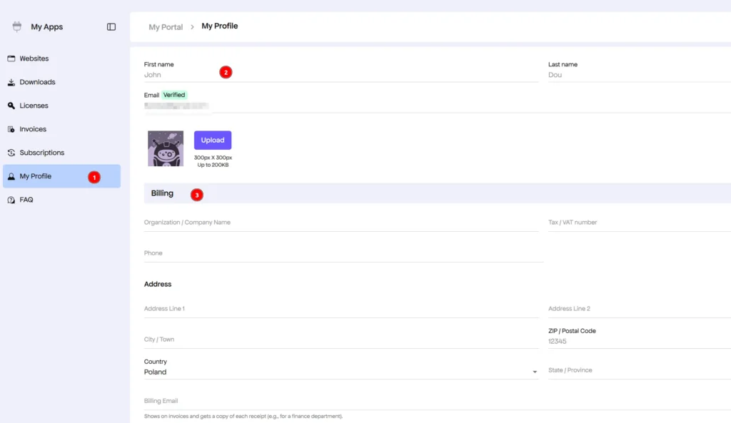 Freemius Customer Portal My Profile page with Billing section for company name, VAT number, and address