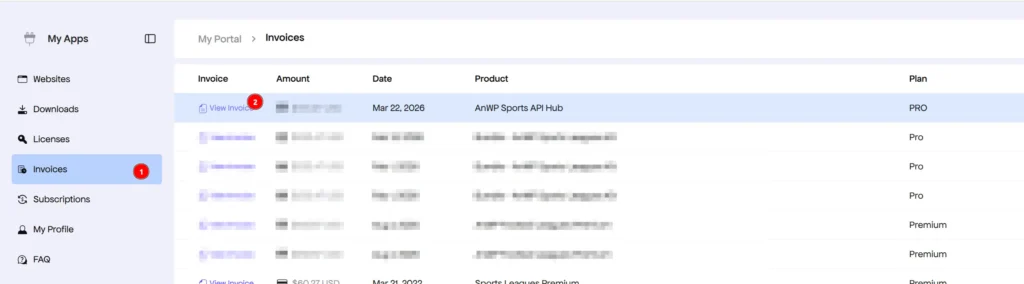 Freemius Customer Portal Invoices page showing AnWP Sports API Hub invoice