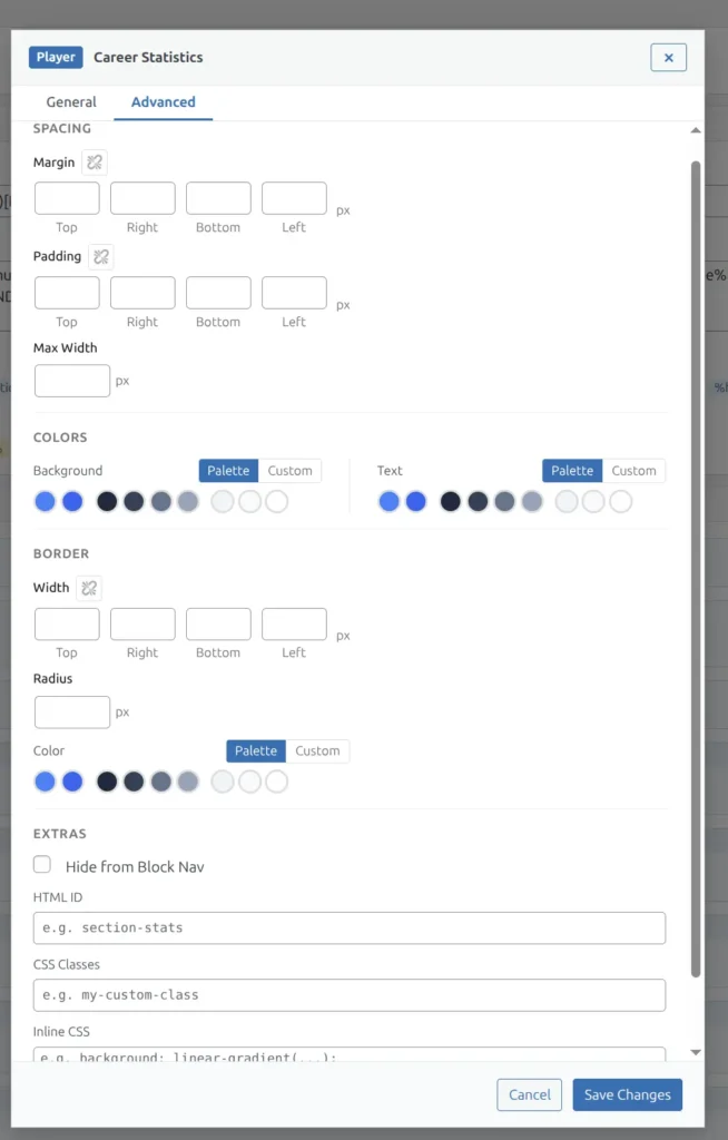 Block edit modal Advanced tab showing spacing, colors, border, and extras sections