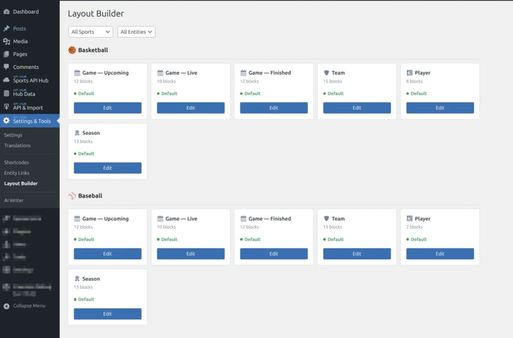 Layout Builder list page showing sport-grouped cards for Basketball and Baseball