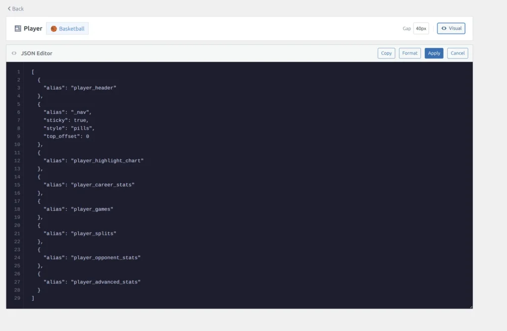 Code mode showing compact JSON editor with Copy, Format, Apply, and Cancel buttons