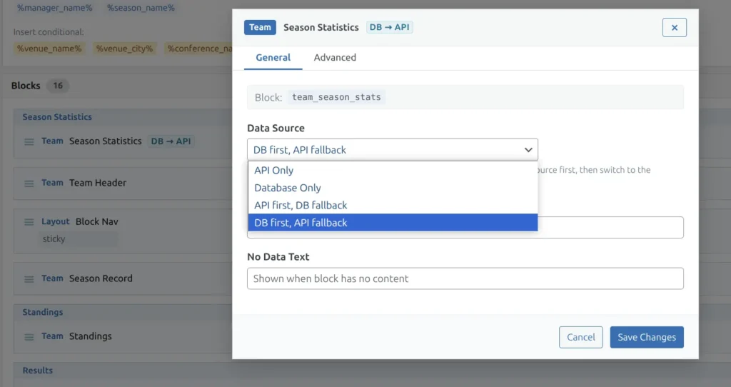 Data Source dropdown showing API and Database options with DB-to-API badge in modal header