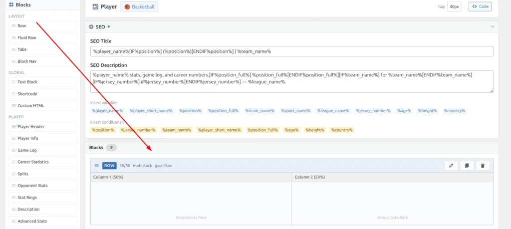 Row wrapper in the editor showing two column slots with SEO section above