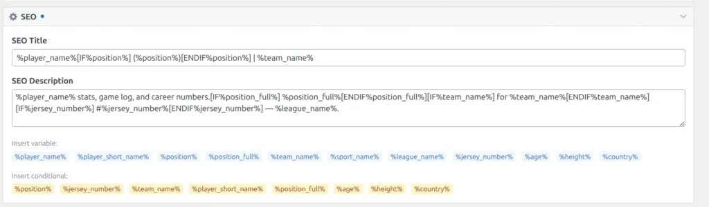 SEO section with title and description fields, variable chips, and conditional tag chips