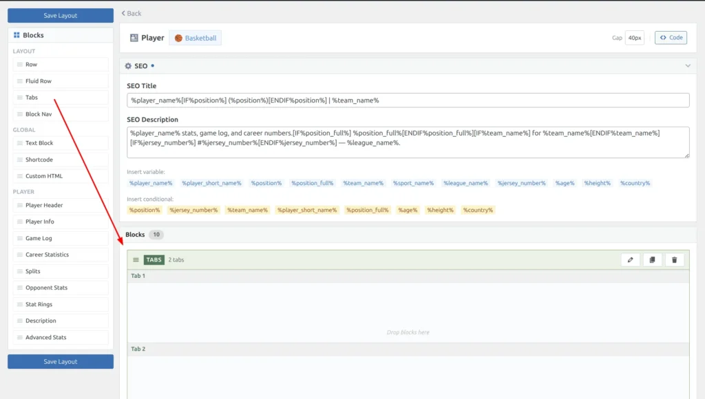 Tabs container in the editor with per-tab drop zones for blocks