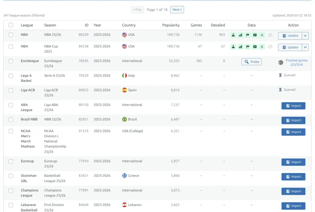 Import browse panel showing leagues with seasons, capability badges, and import buttons
