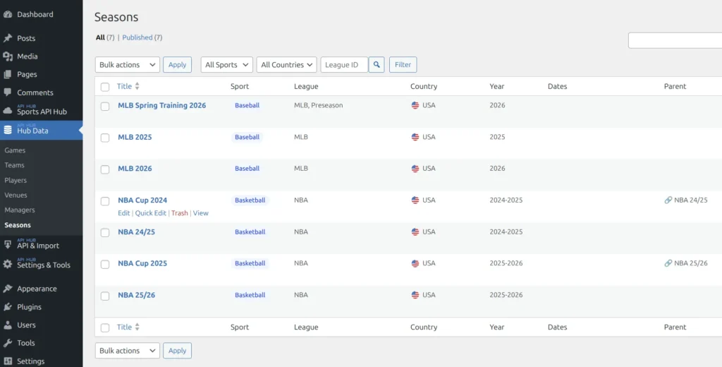 Seasons admin list showing sport, league, country, year, and parent linking