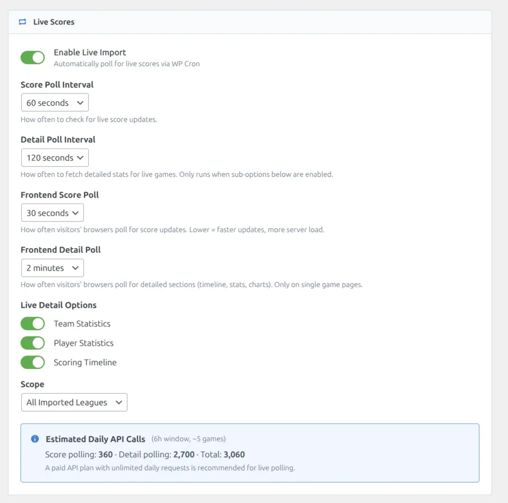 API Config page showing the Live Scores section with enable toggle, poll intervals, sub-options, scope selection, and league filter