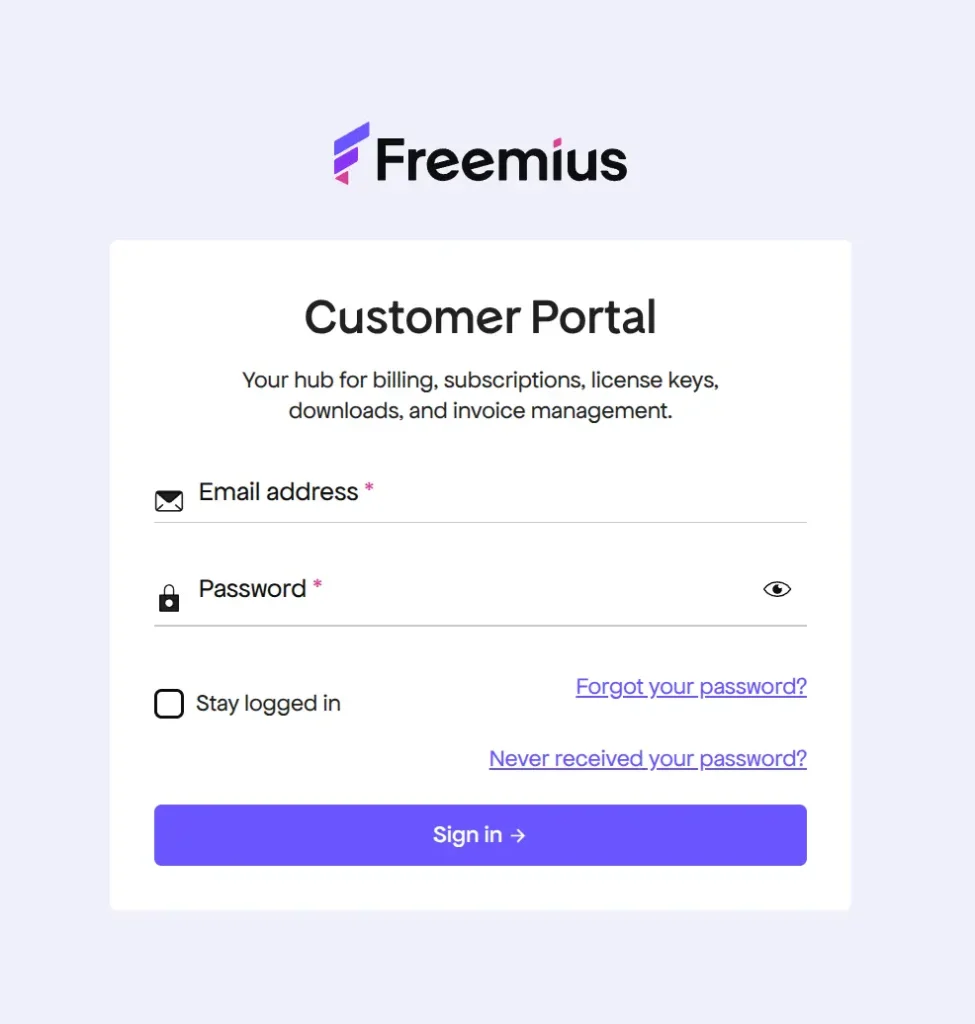 Freemius Customer Portal login page