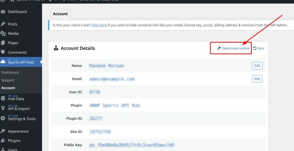 WordPress admin Account page showing Deactivate License button