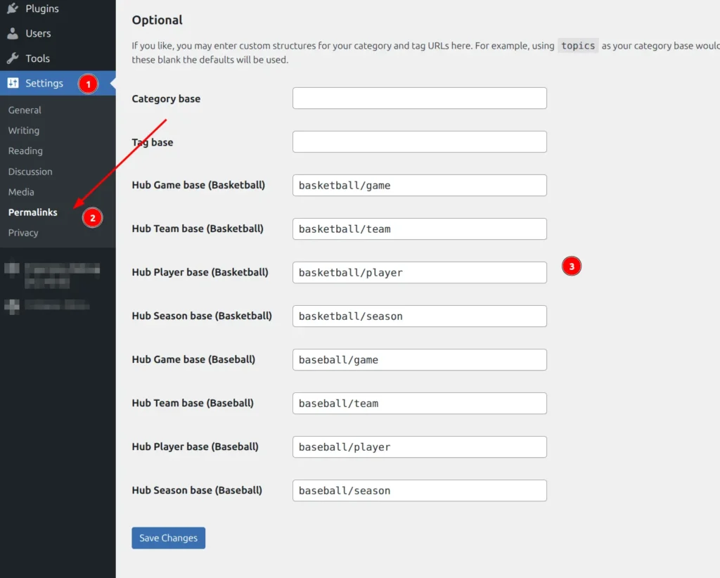 WordPress Settings Permalinks page showing Sports API Hub section with per-sport URL base inputs for basketball and baseball