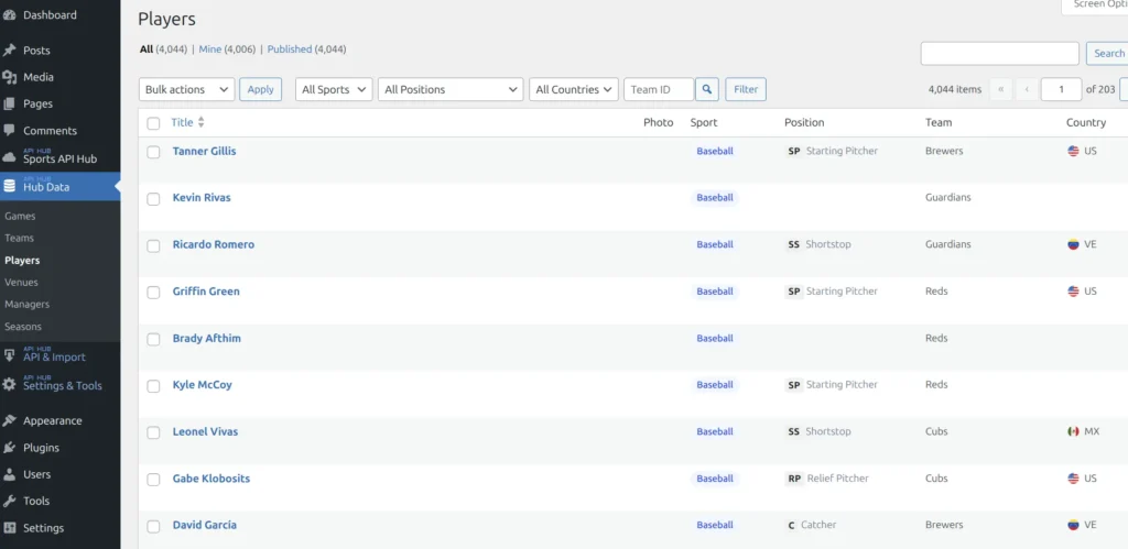 Players admin list with position badges, team column, and country flags