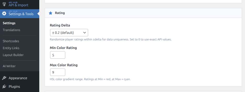 Rating settings with delta, min and max color range