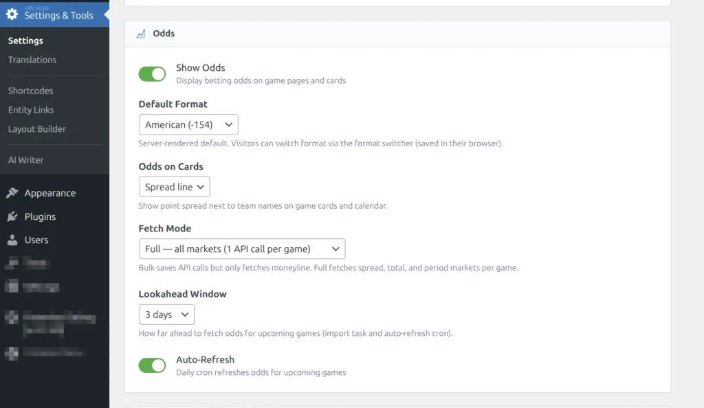 Odds settings showing Show Odds toggle, Default Format, Odds on Cards, Fetch Mode, Lookahead Window, and Auto-Refresh