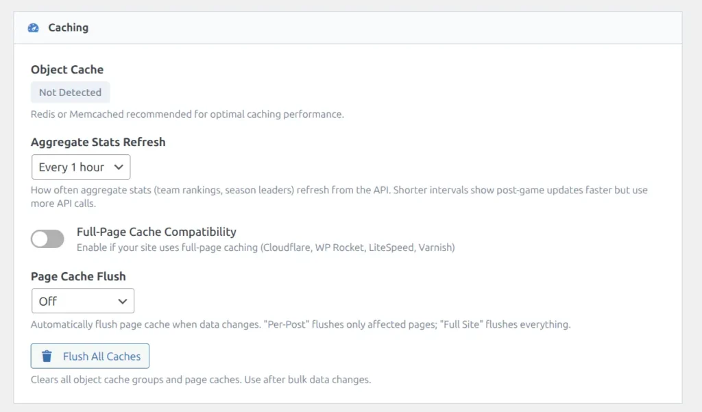 Caching section showing Object Cache status, Aggregate Stats Refresh interval, Full-Page Cache Compatibility toggle, Page Cache Flush options, and Flush All Caches button