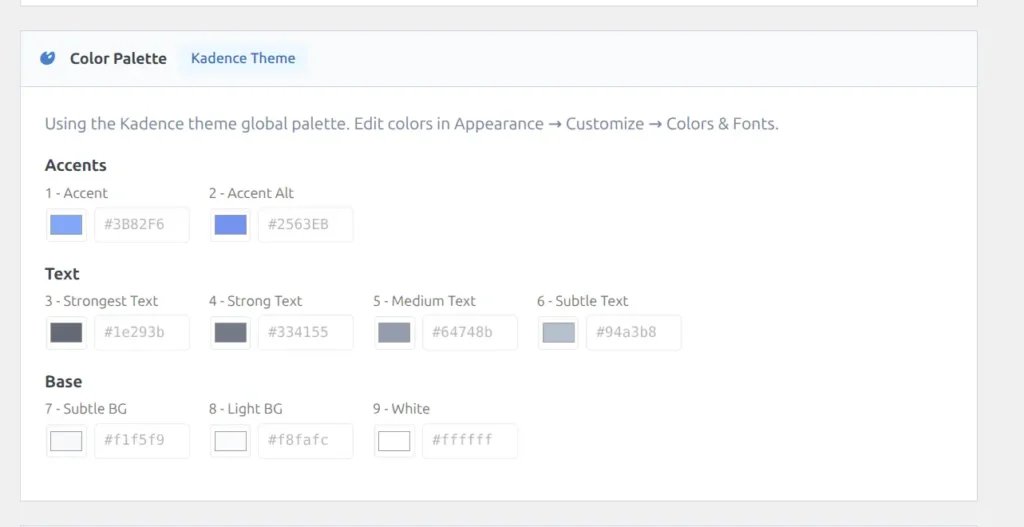 Color Palette section with 9 slots grouped as Accents, Text, and Base — showing Kadence Theme badge in read-only mode