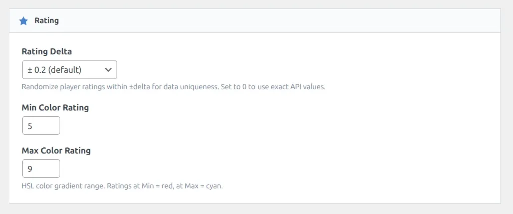Rating settings with Rating Delta dropdown, Min Color Rating and Max Color Rating fields