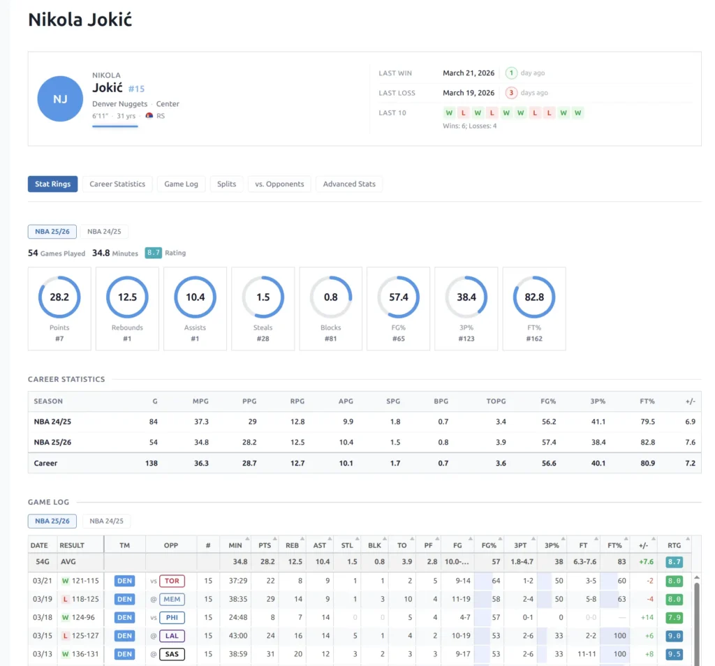 Player page with header, hero stats, and game log
