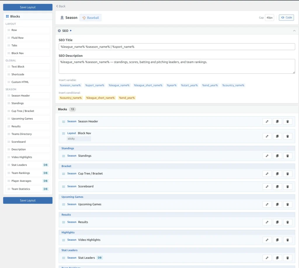 Layout Builder showing season page block arrangement with sidebar palette and block list