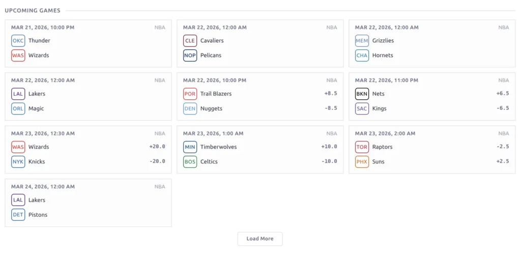Upcoming games grid showing team badges, dates, and point spread lines