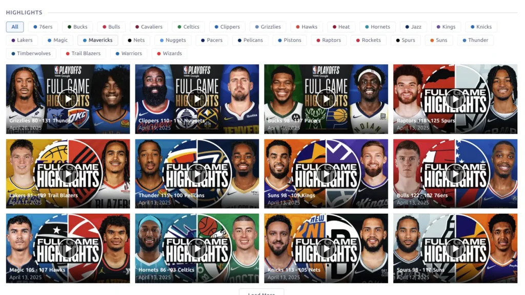 Highlights video grid with team filter pills and YouTube video thumbnails