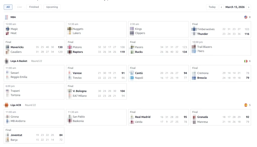 Calendar shortcode showing game cards grouped by league with status filter pills and date navigation