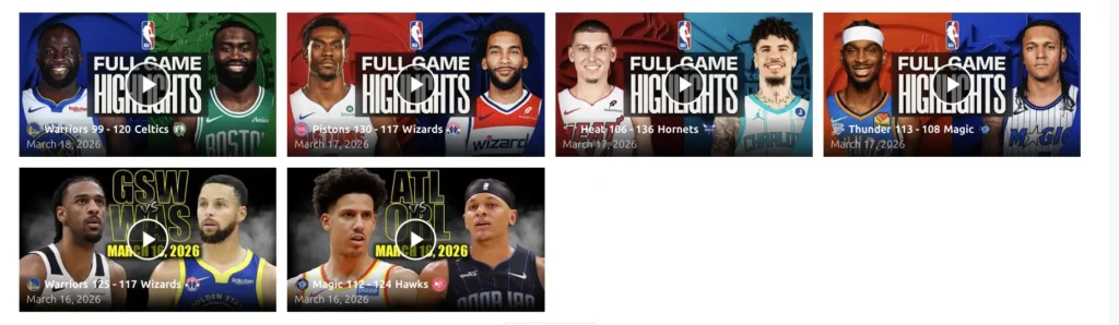 Highlights grid showing YouTube video cards with team logos, scores, and play button overlays