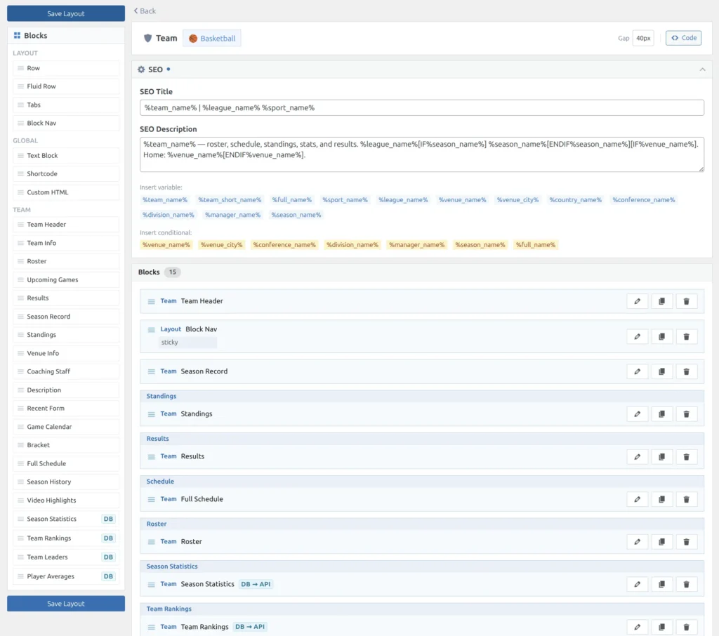 Layout Builder showing the team page block arrangement