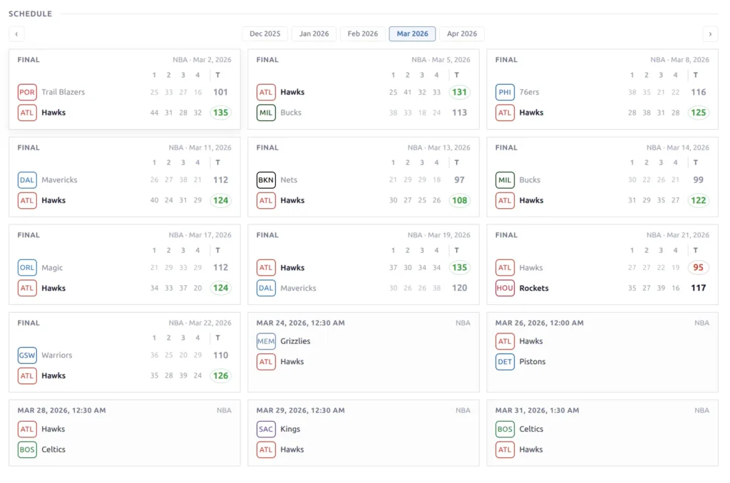 Schedule month navigator with pill bar and game cards