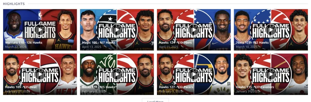 Highlights video grid with YouTube thumbnails, play overlays, and game info