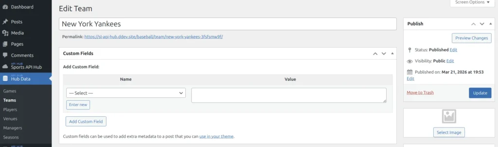 Team edit screen with name, permalink, and featured image upload