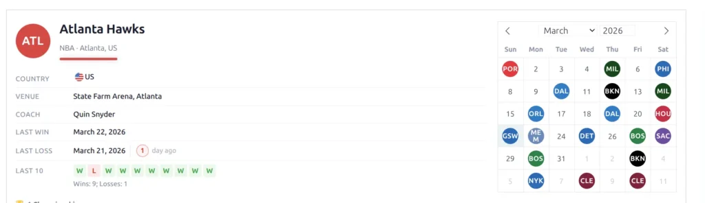 Team header with logo, metadata, form dots, last win/loss, and calendar