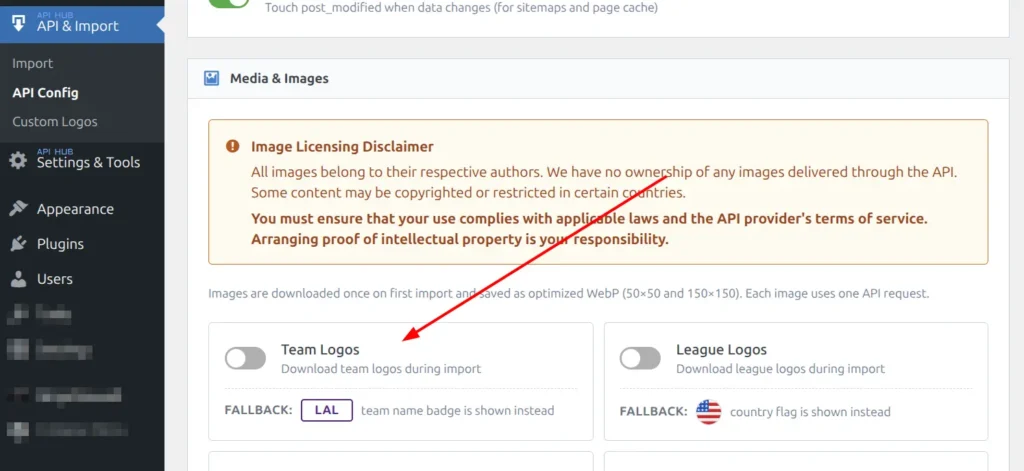 Media and Images settings with Team Logos toggle and badge fallback