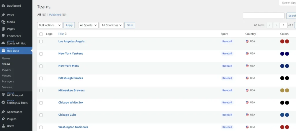 Teams admin list with sport badges, country flags, and color swatches