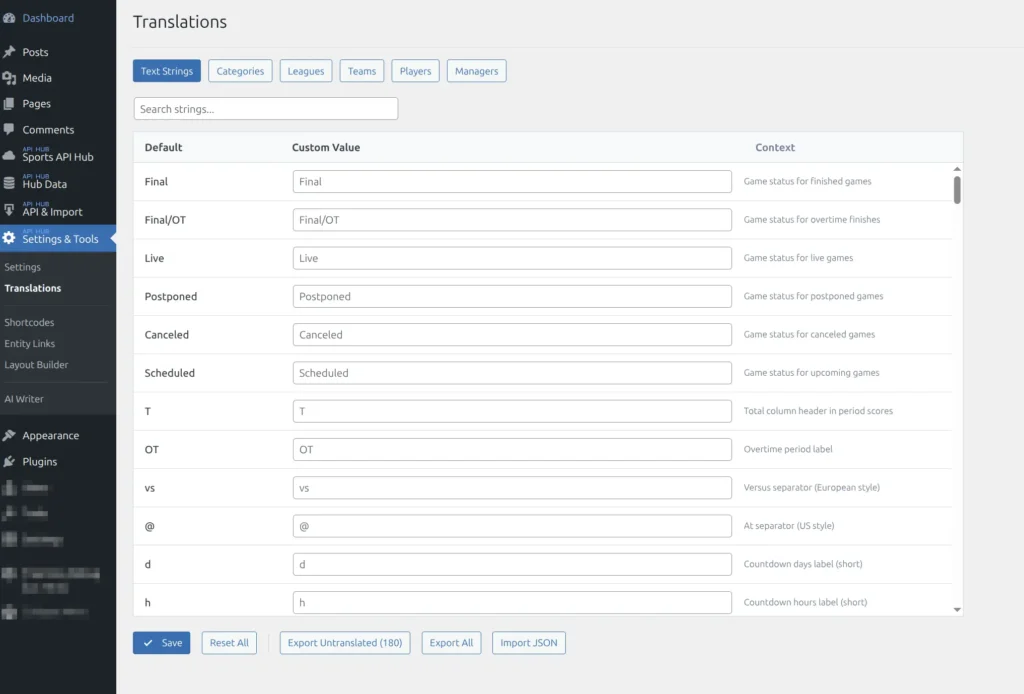 Text Strings tab showing Default, Custom Value, and Context columns with search box and action buttons