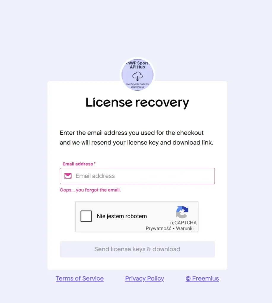 License Recovery page — enter email to resend license key and download link