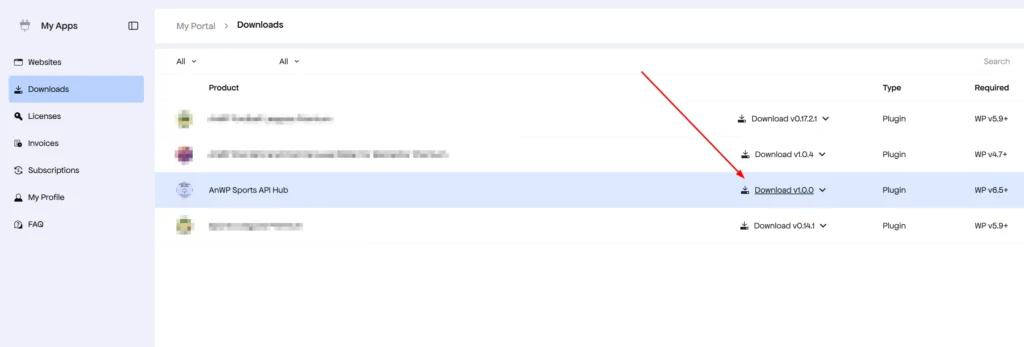Freemius Customer Portal Downloads page showing AnWP Sports API Hub with Download button