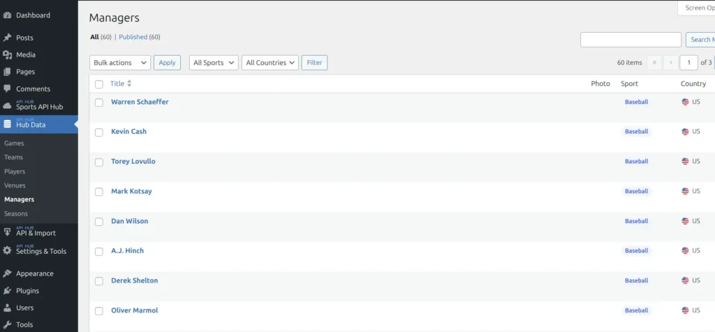 Managers admin list showing coach names, sports, and country flags