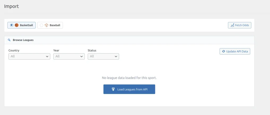 Import page with sport selector and league browser