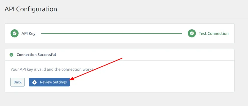 API Config page showing green checkmark after successful connection test