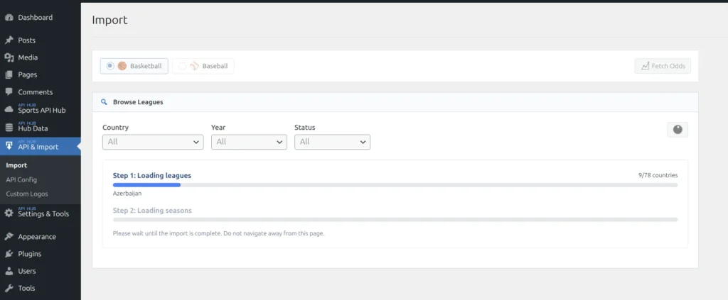 Import page showing task queue progress with completed and running tasks